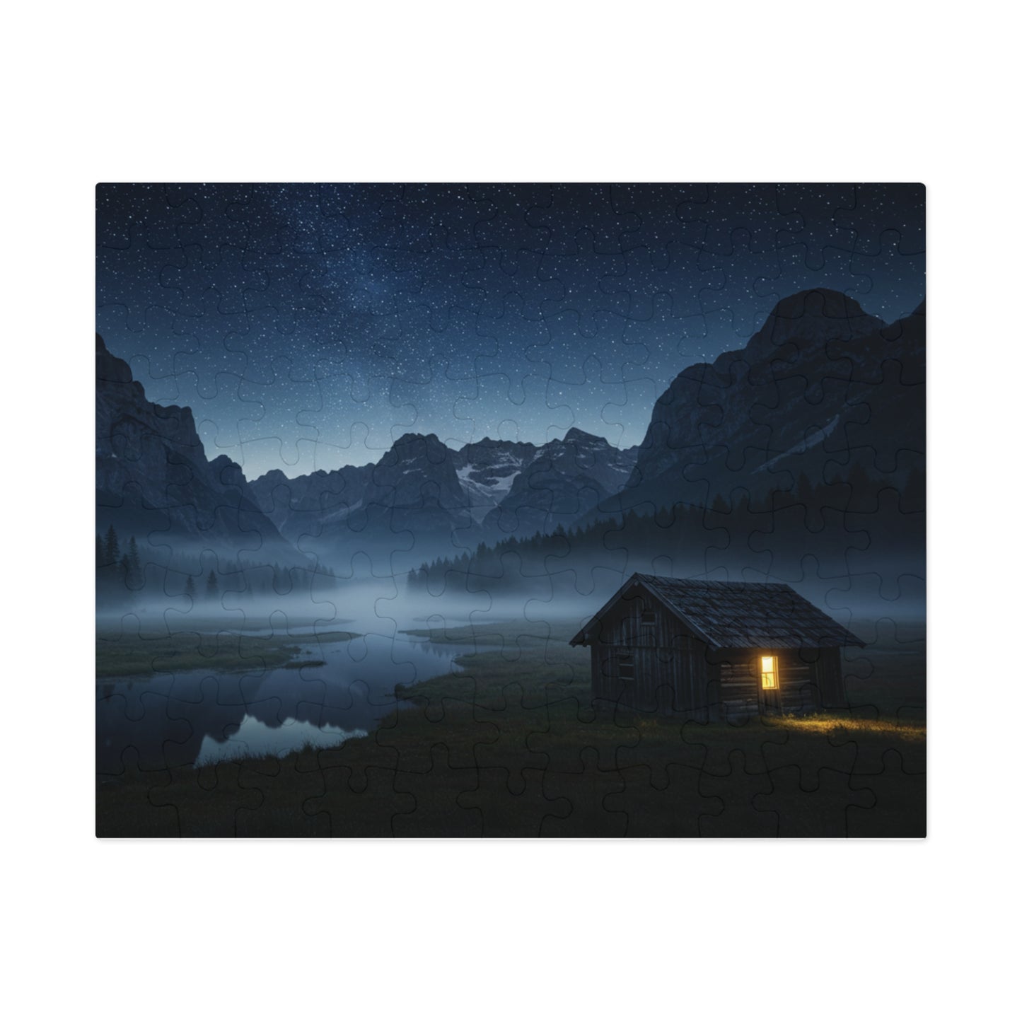 110, 252, 500, 1000, 2000 Starry Night Cabin Puzzle, Tranquil Nightscape Puzzle, Nighttime Cabin Under Stars, Twilight Mountains and Lit Cabin, Foggy Valley and Star-Filled Sky, Wilderness Cabin Puzzle