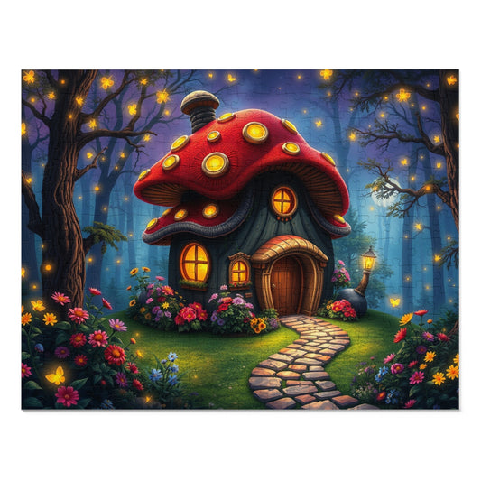 30, 110, 252, 500 Whimsical Mushroom Cottage Puzzle, Fairy Tale Glow-in-the-Dark Puzzle, Enchanting Nighttime Cottage Puzzle, Magical Mushroom House Puzzle, Woodland Dream Puzzle