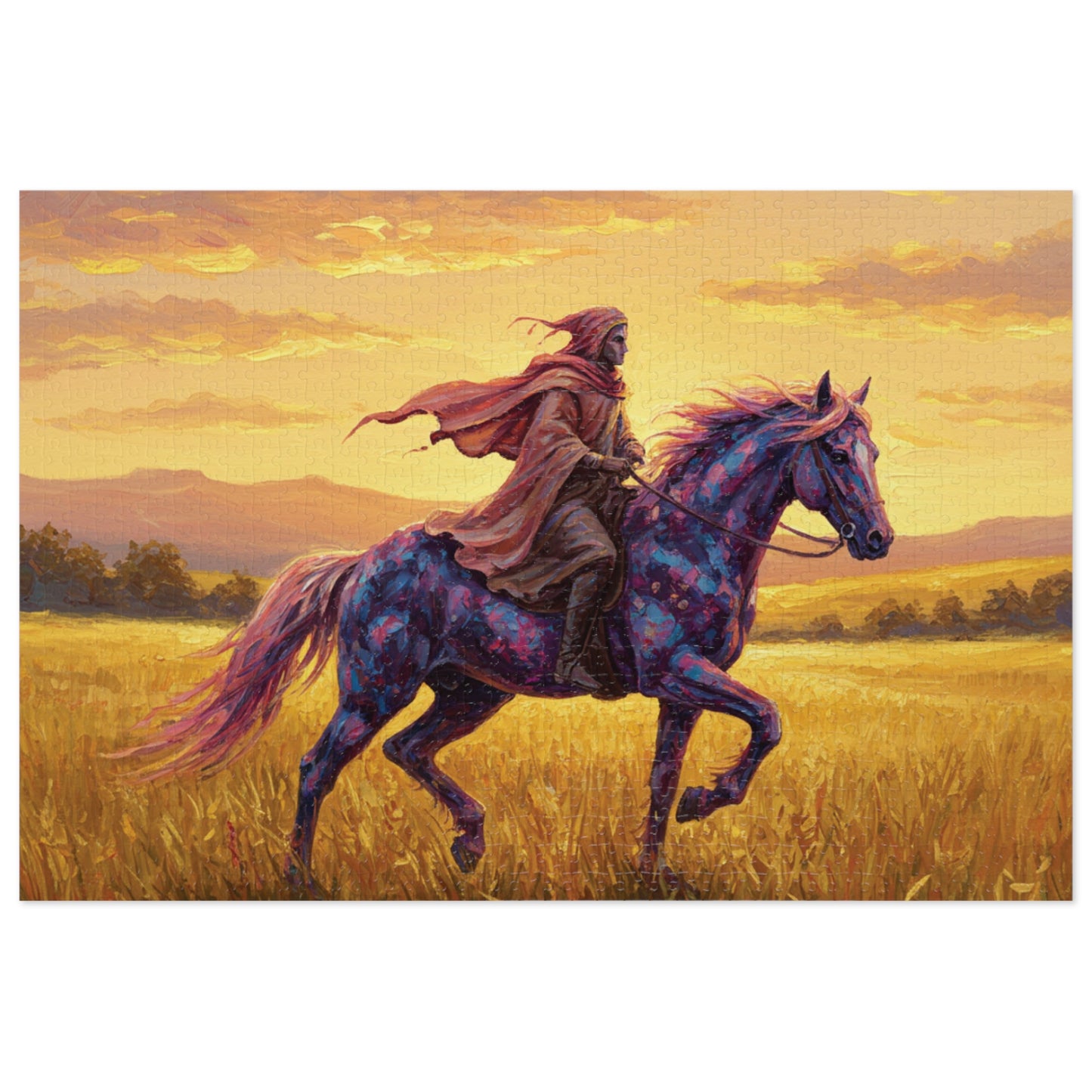 110, 252, 500, 1000, 2000 Jigsaw Puzzle, Mystical Rider Jigsaw Puzzle, Cloaked Rider on Colorful Horse, Epic Sunset Adventure, Premium Puzzle Gift,  Hero on Horse, Golden Field, Fantasy Theme, Vibrant Fantasy Sunset Art