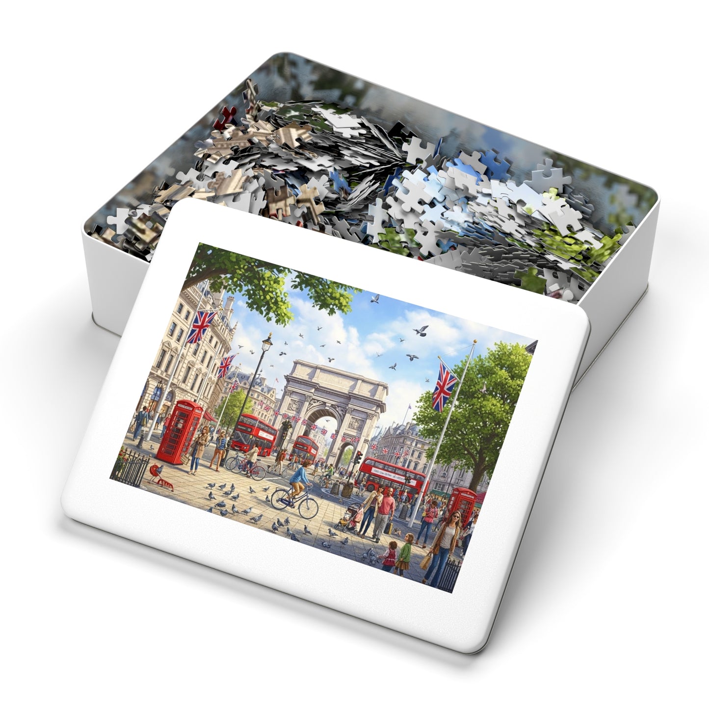 Historic London Arch Jigsaw Puzzle with Red Buses Cyclists and Crowds