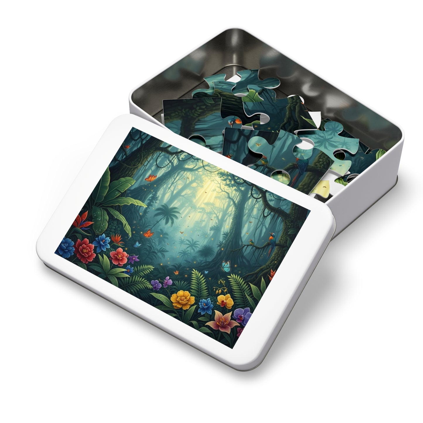 Enchanted Tropical Forest Puzzle with Butterflies, Exotic Flowers and Golden Light