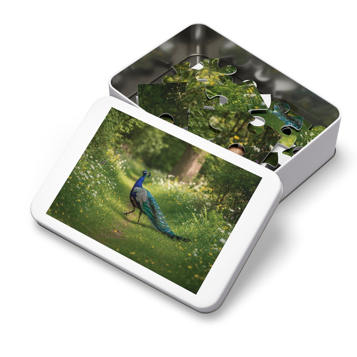 Peacock in Wildflower Garden Jigsaw Puzzle (with Tin) — 500-Piece Nature Puzzle Gift