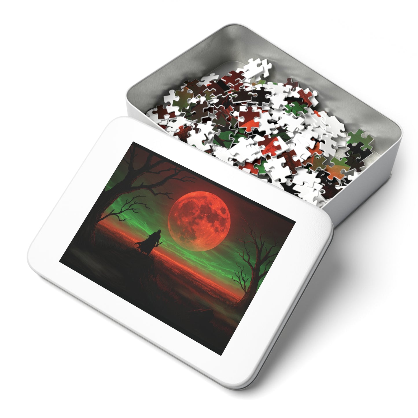 110, 252, 500, 1000, 2000 Mystical Red Moon Jigsaw Puzzle, Blood Moon Warrior Puzzle, Apocalyptic Red Moon Puzzle, Shadow Path Puzzle, Dark Fantasy Puzzle, Crimson Sky Puzzle