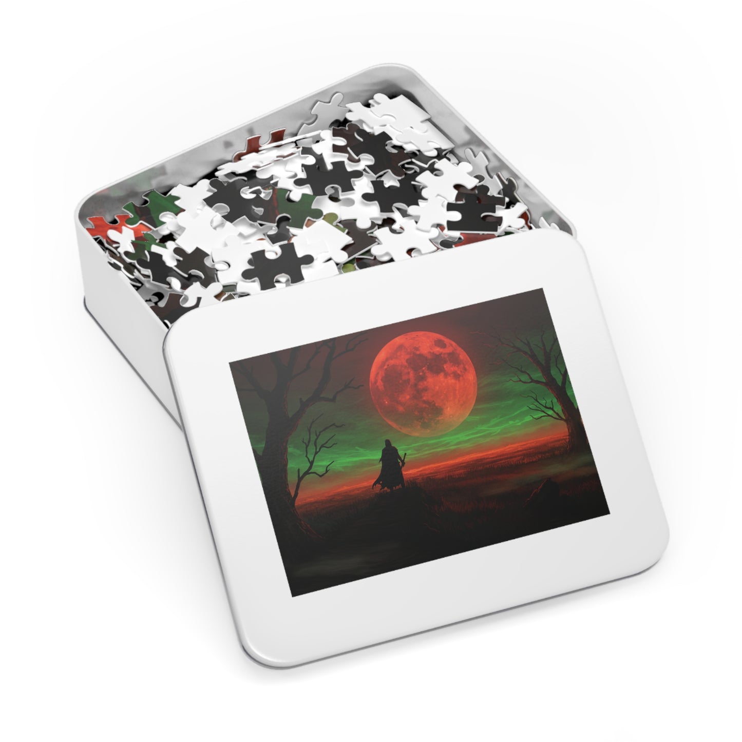 110, 252, 500, 1000, 2000 Mystical Red Moon Jigsaw Puzzle, Blood Moon Warrior Puzzle, Apocalyptic Red Moon Puzzle, Shadow Path Puzzle, Dark Fantasy Puzzle, Crimson Sky Puzzle
