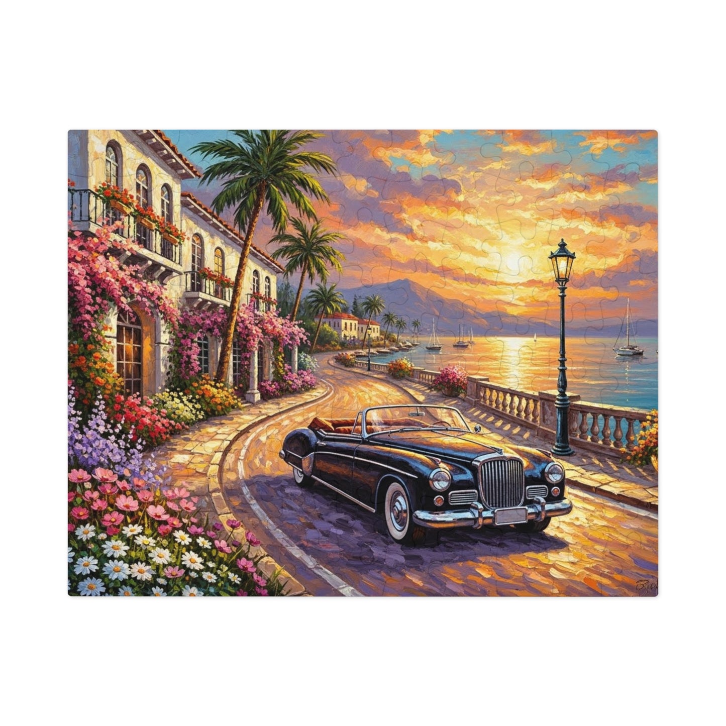 Vintage Convertible Coastal Sunset Jigsaw Puzzle
