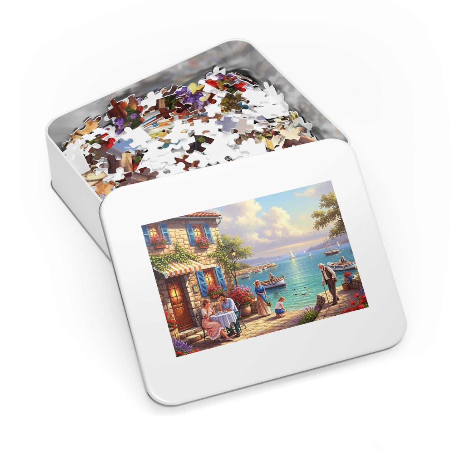 Mediterranean Seaside Café Puzzle | Charming Coastal Village, Sailboats, Flowers & Sunset Life