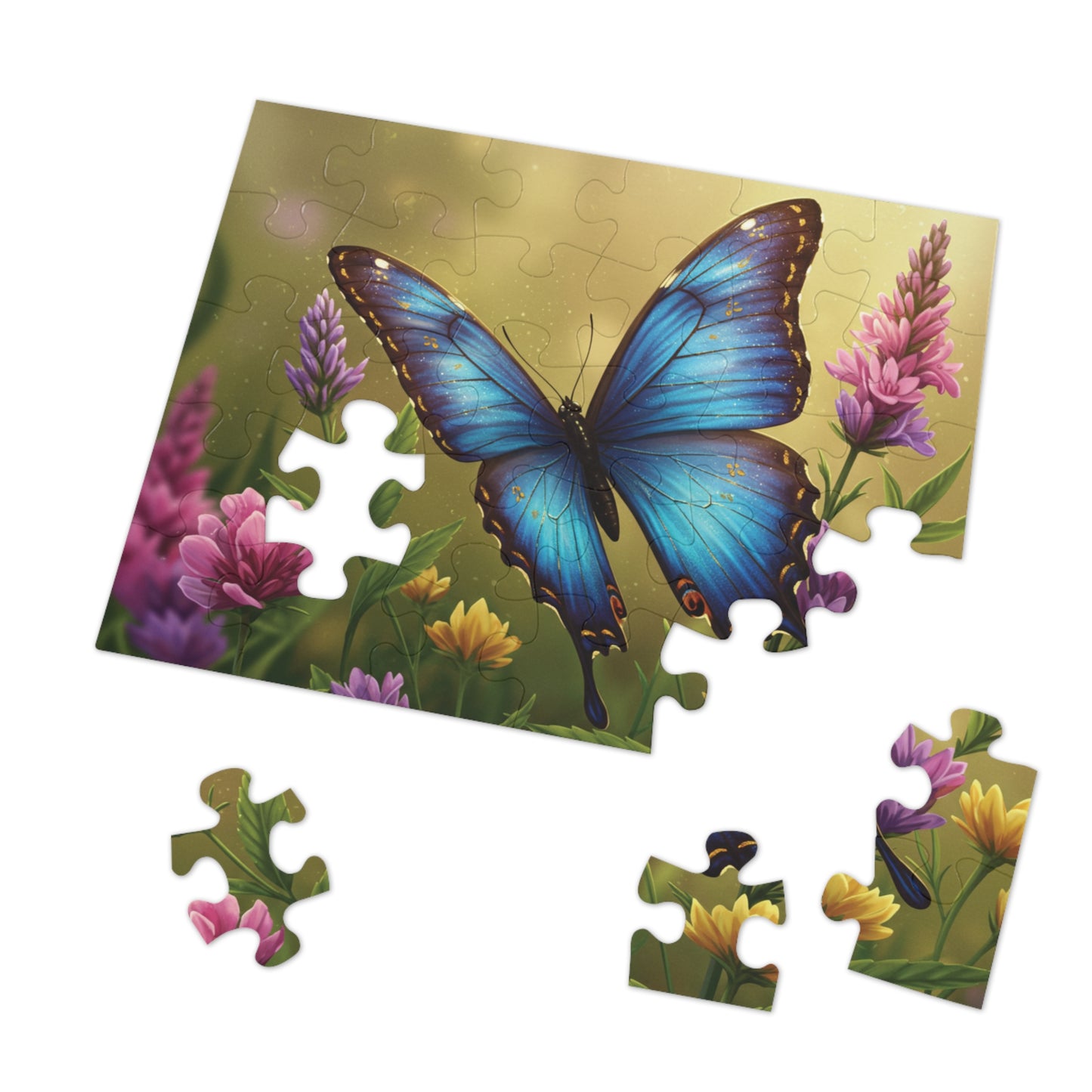 30, 110, 252, 500 | Blue Butterfly Among Spring Wildflowers | Vibrant Garden Scene | Nature Jigsaw Puzzle | Bloom & Wings Puzzle Art | Butterfly Blossom Jigsaw Puzzle with Tin