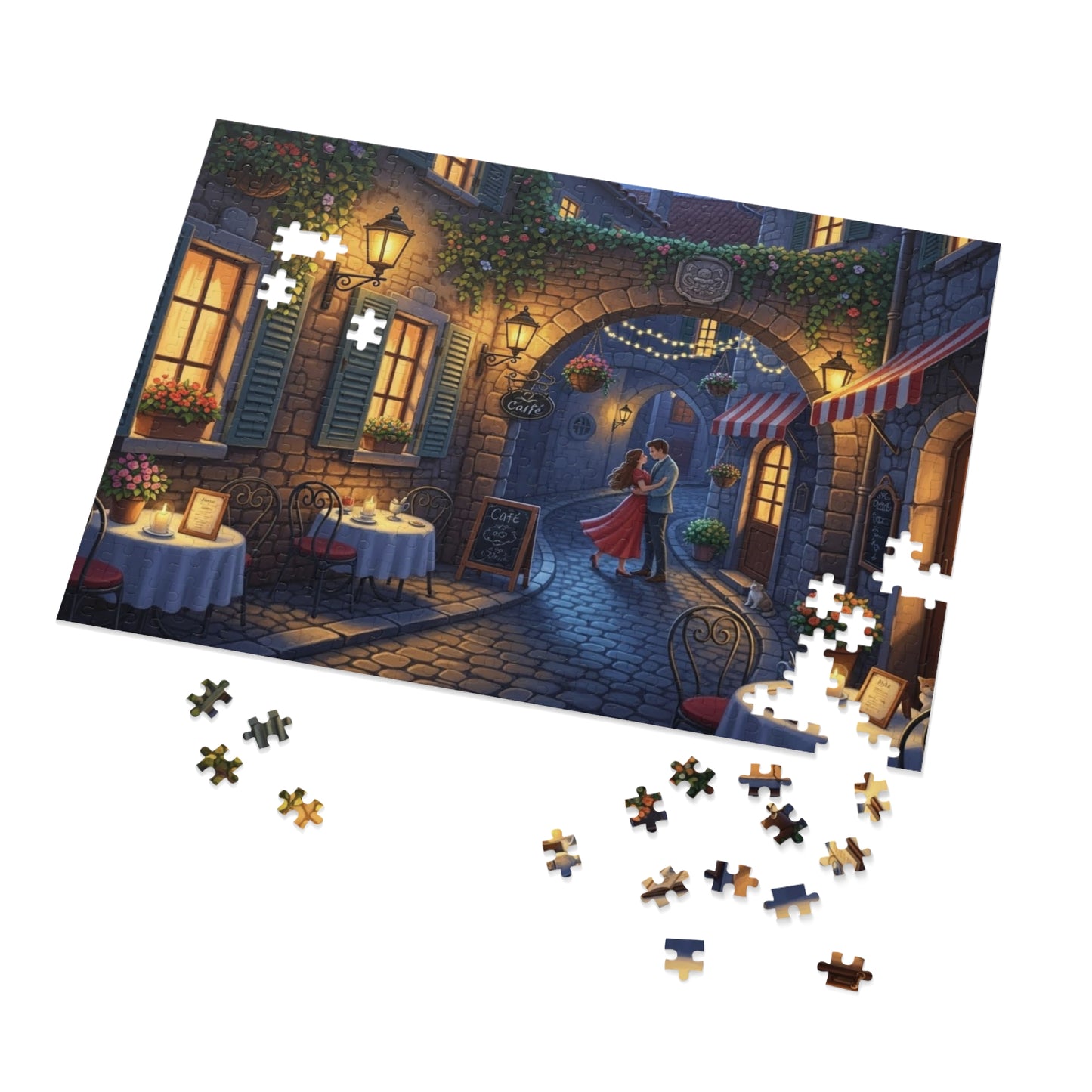Romantic Café Alley Jigsaw Puzzle | Cozy European Evening Scene