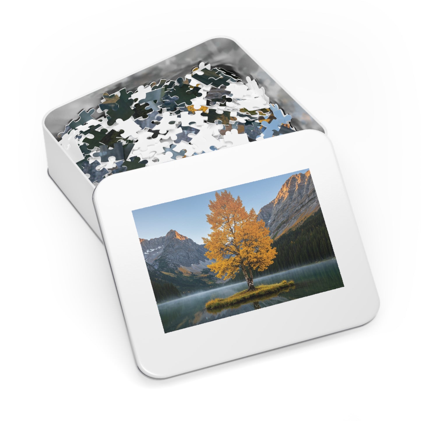 110, 252, 500, 1000, 2000 Autumn Landscape Jigsaw Puzzle with Tin, Golden Autumn Tree Lake Puzzle, Autumn Tree & Calm Waters, Misty Lake and Rocky Peaks Jigsaw
