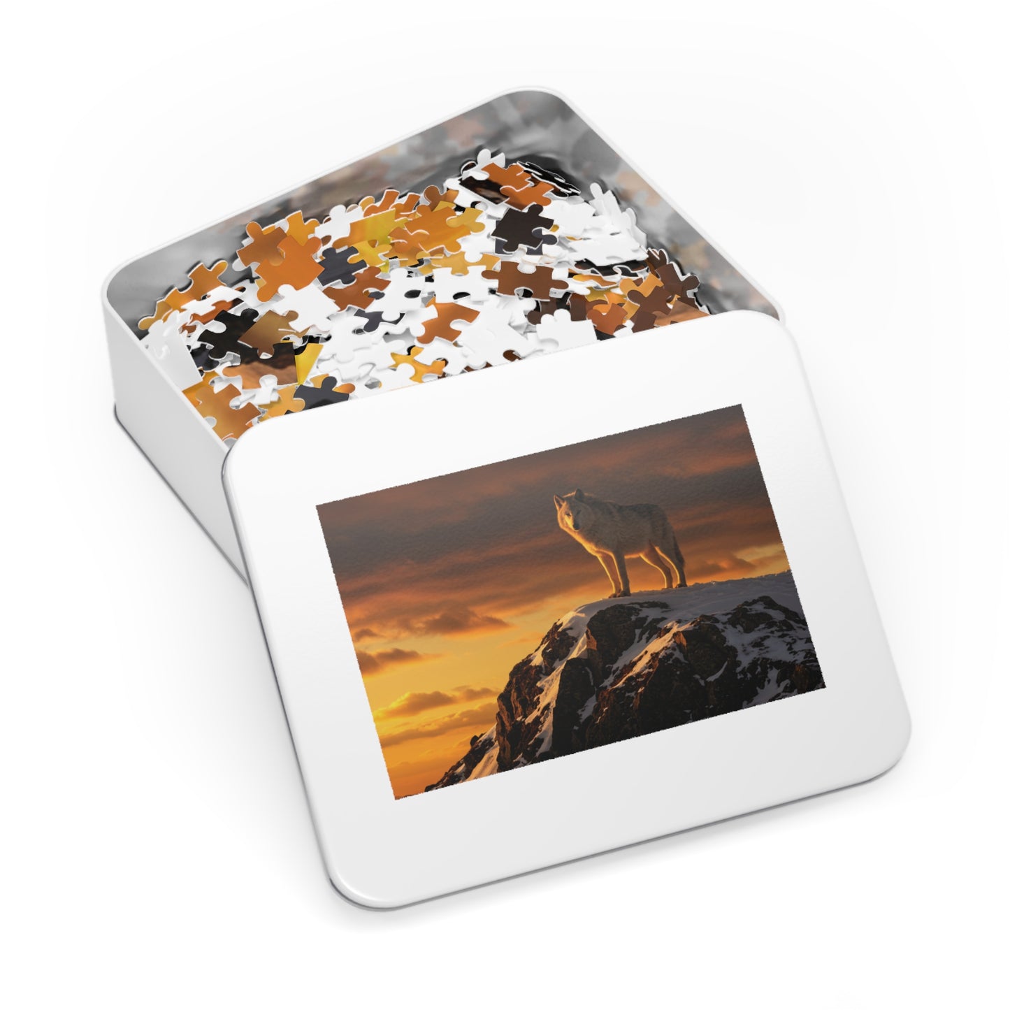 110, 252, 500, 1000, 5000 Wolf Mountain Jigsaw Puzzle with Tin, Lone Wolf at Sunset, Wild Wolf on Snowy Peak, Sunset Wolf Puzzle, Arctic Wolf on Rocky Summit, Wolf in the Wilderness