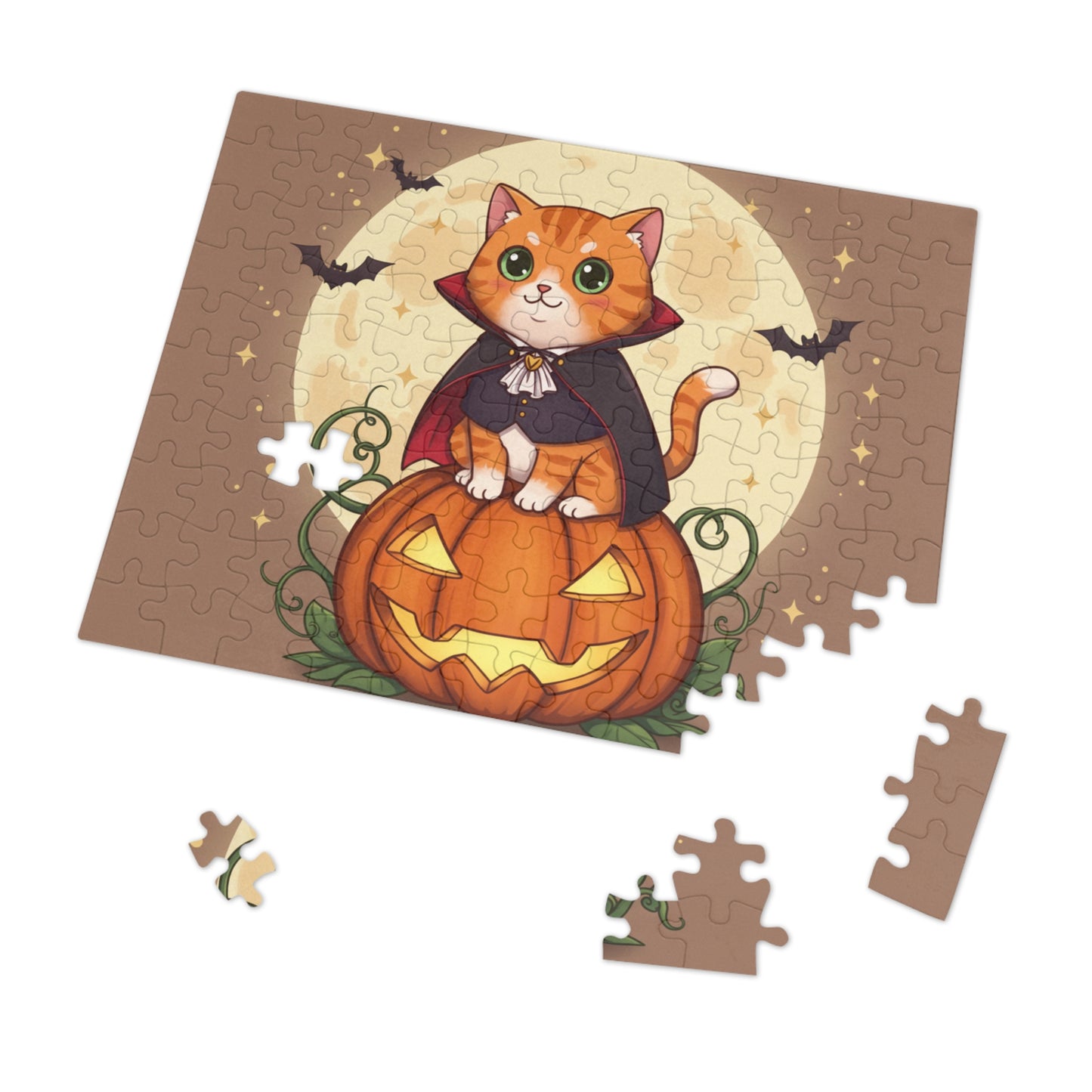30, 110, 252 pcs Halloween Cat Jigsaw Puzzle, Cute Halloween Puzzle, Cartoon Kitten in Cape on Glowing Pumpkin, Halloween Night Scene with Bats and Moon