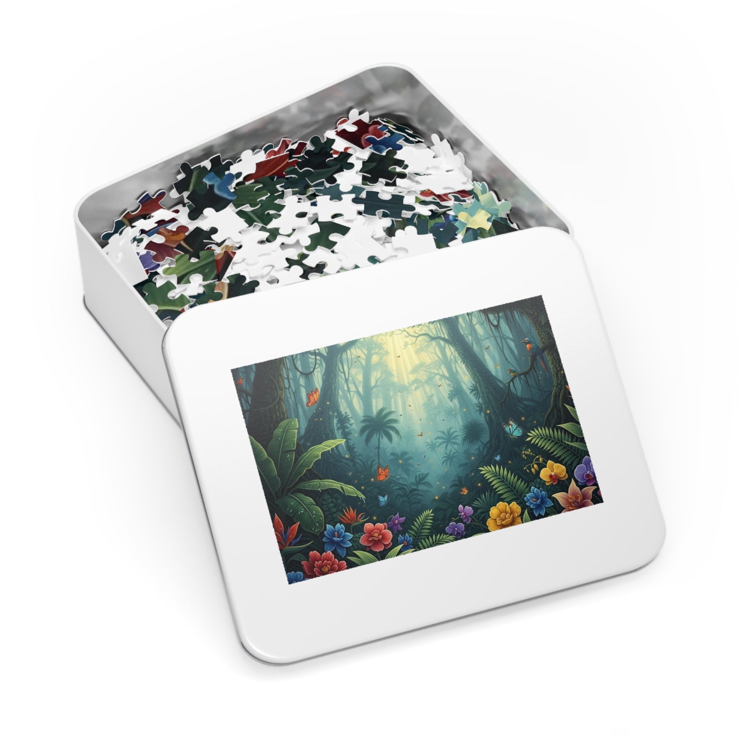 Enchanted Tropical Forest Puzzle with Butterflies, Exotic Flowers and Golden Light