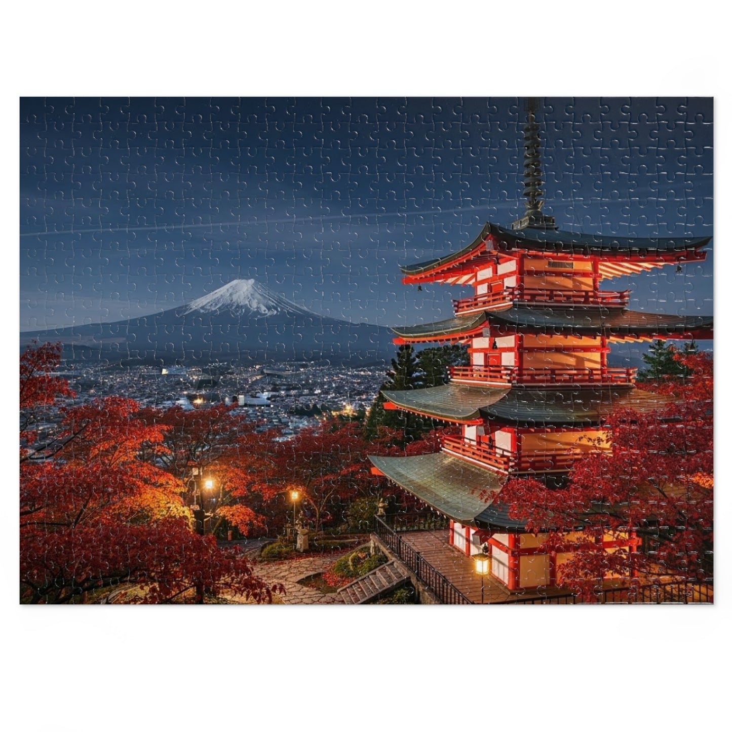 Mount Fuji Night Pagoda Jigsaw Puzzle 🌙🗻 Autumn Temple View, Japan City Lights & Crimson Maples
