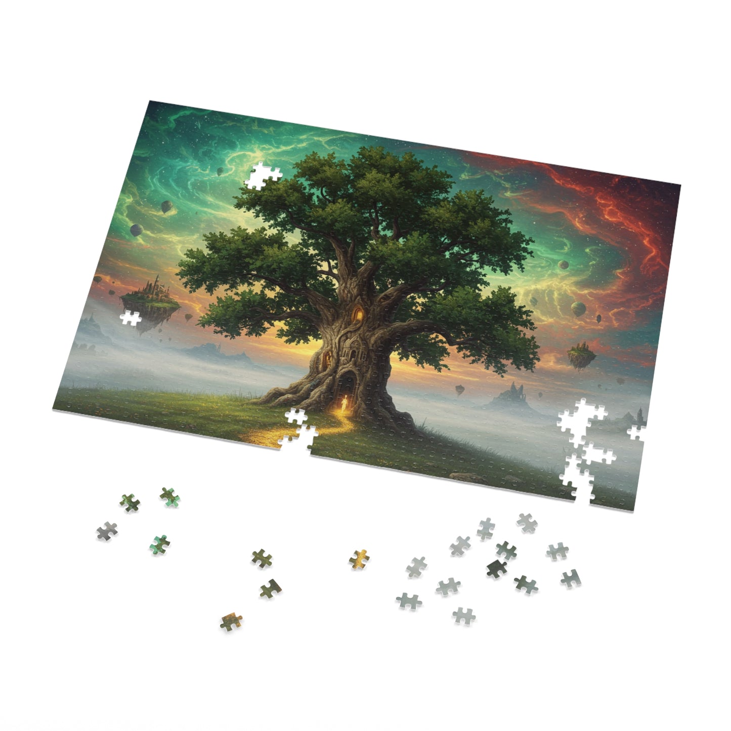 110, 252, 500, 1000, 2000 Magical Tree Jigsaw Puzzle, Mystical Tree with Glowing Doorway, Cosmic Sky and Enchanted Forest Scene, Mystical Gateway Puzzle