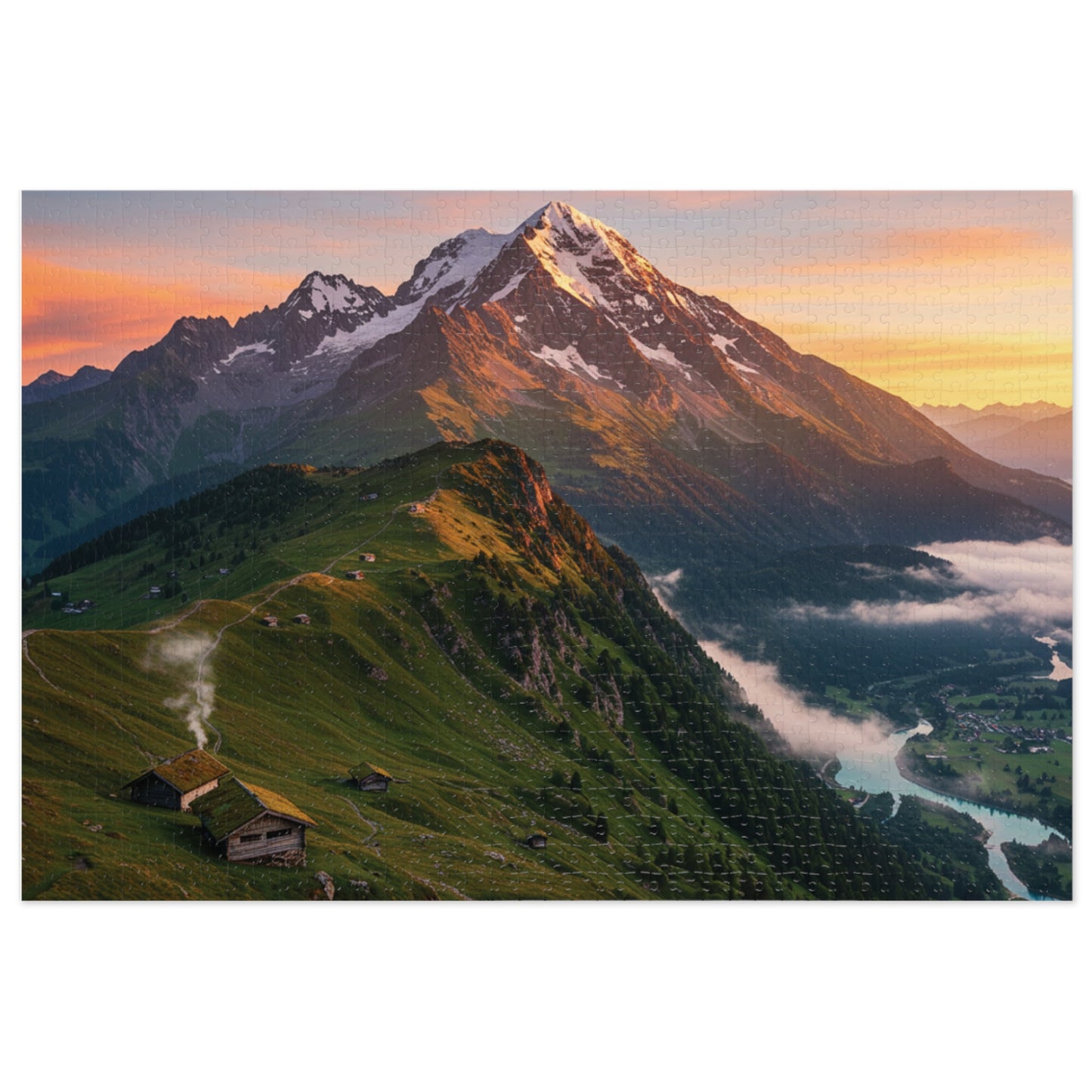 Sunrise Over Forested Hills Jigsaw Puzzle (252, 500, 1000, 2000 pcs) – Cabins, Snowy Ridge & Glowing Sky