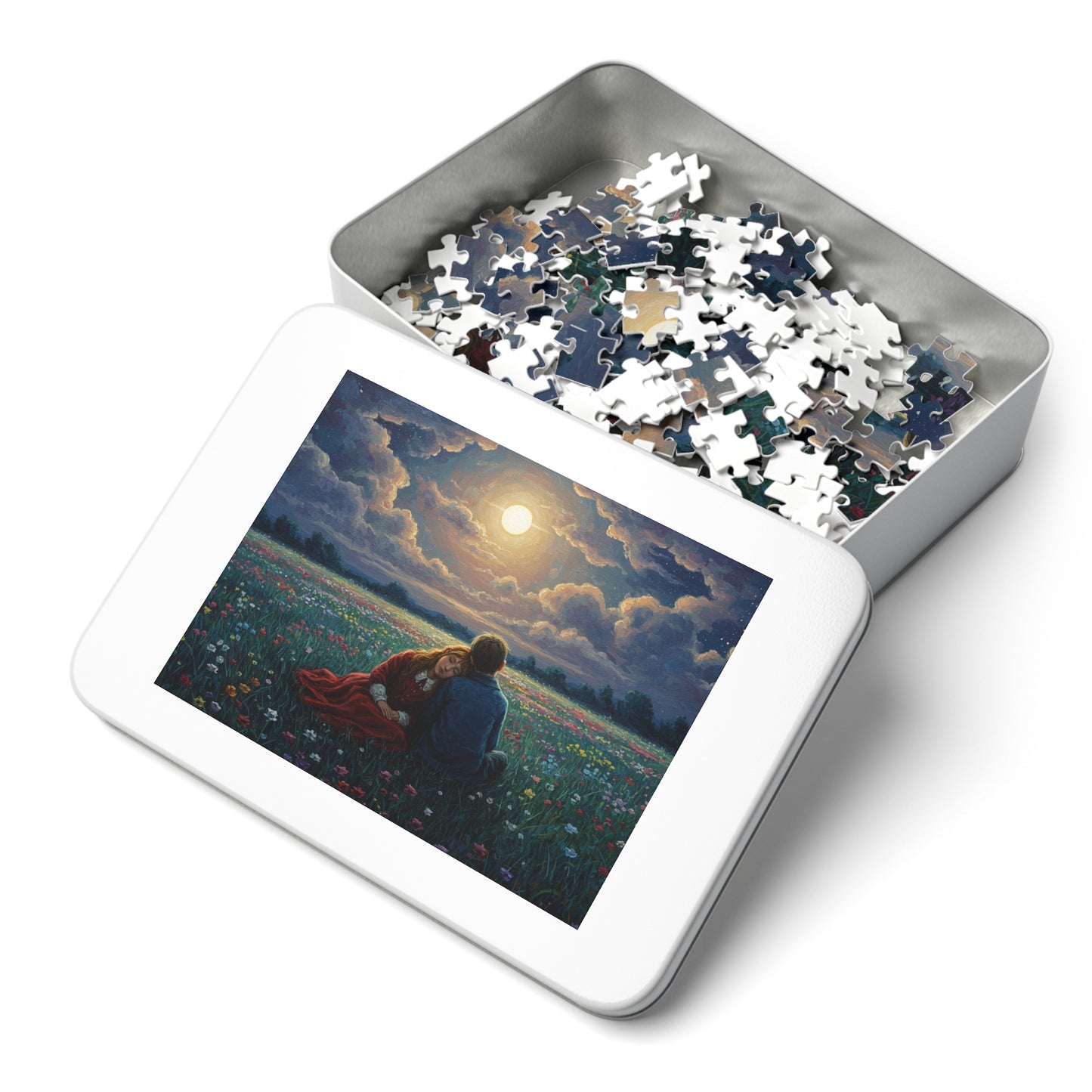 110, 252, 500, 1000, 2000 Romantic Moonlight Jigsaw Puzzle, Starry Night Romance Puzzle, Couple Under Moonlight in Meadow, Lovers Resting in Flower Field