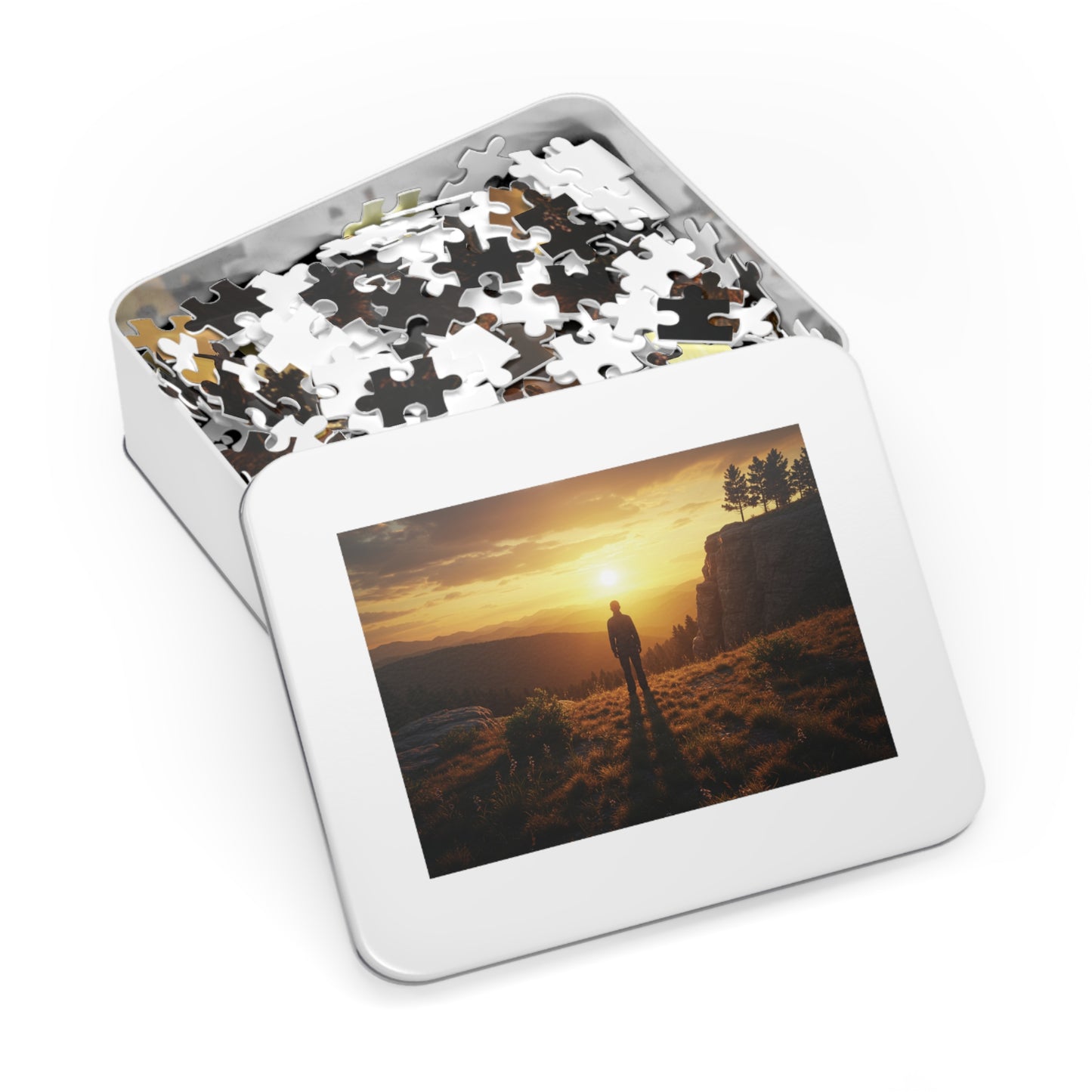 252, 500, 1000, 2000 Jigsaw Puzzle| Golden Hour Reflection | Sunset Overlook | Solitary Figure in Nature | Mountain Ridge Glow Jigsaw Puzzle | Scenic Jigsaw Puzzle with Vintage Tin