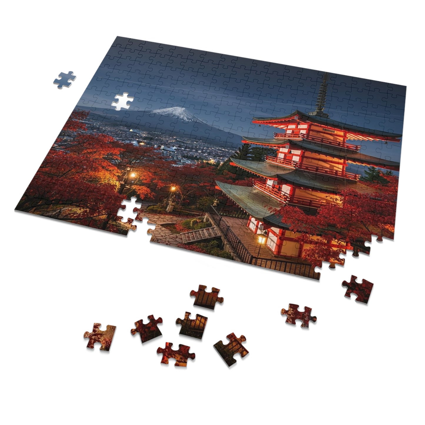 Mount Fuji Night Pagoda Jigsaw Puzzle 🌙🗻 Autumn Temple View, Japan City Lights & Crimson Maples