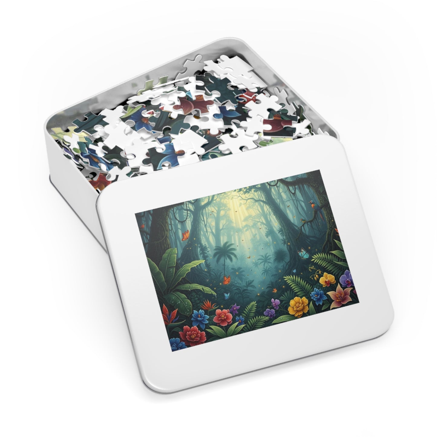 Enchanted Tropical Forest Puzzle with Butterflies, Exotic Flowers and Golden Light