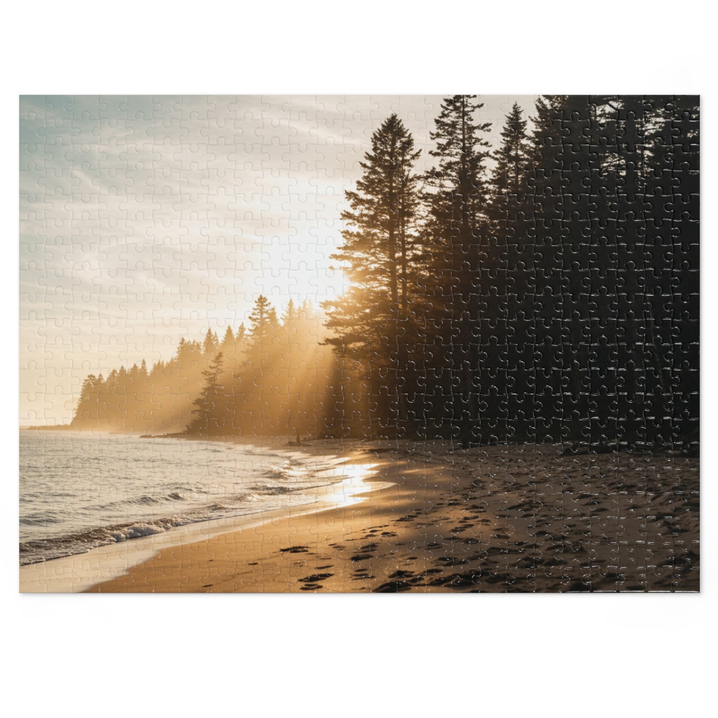 Forest Beach Sunset Jigsaw Puzzle (252–2000 pcs),  Warm Sunset, Trees & Sand Path, Forest Coastline and Sunbeams, Premium Tin Gift,  Footprints in Sand