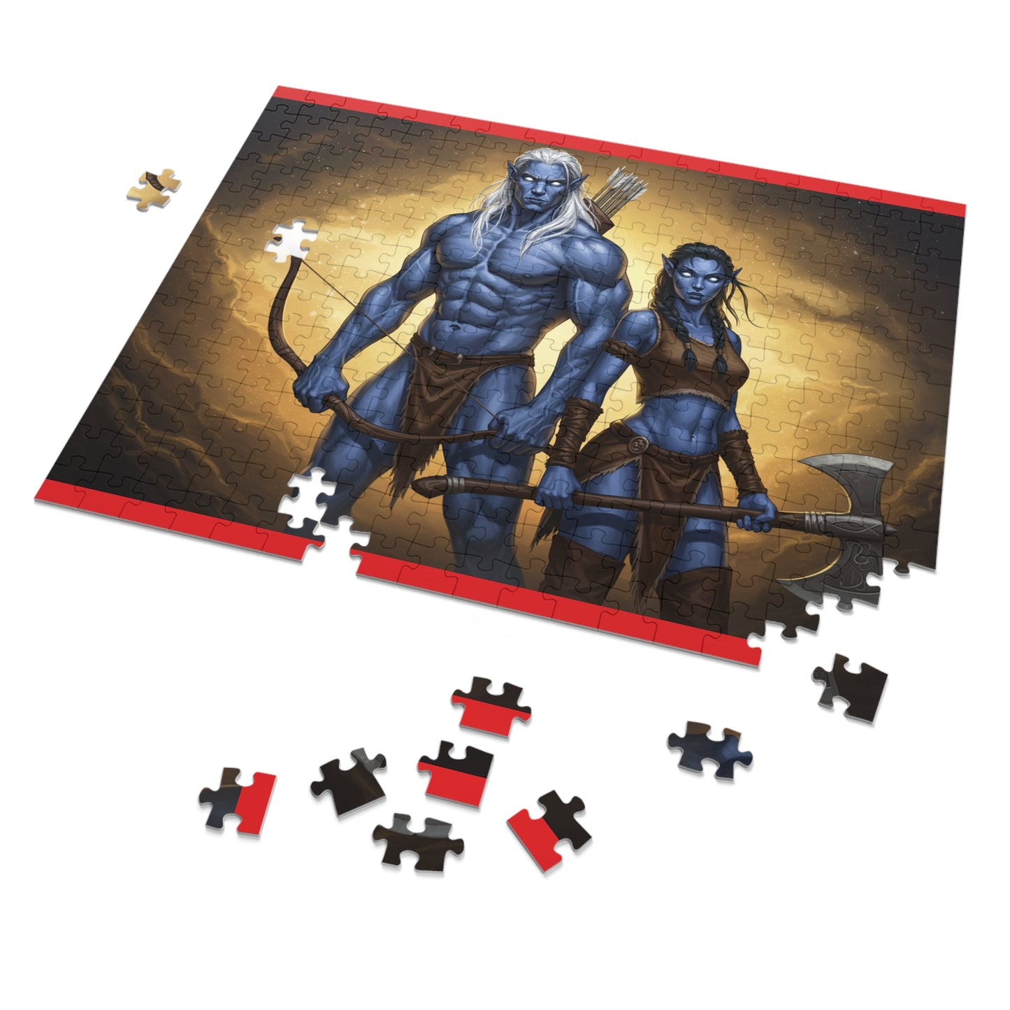 110, 252, 500, 1000, 2000 Blue-Skinned Heroes with Weapons Jigsaw Puzzle, Mythical Battle Duo Puzzle, Legendary Warriors Jigsaw, Heroic Fantasy Fighters Jigsaw