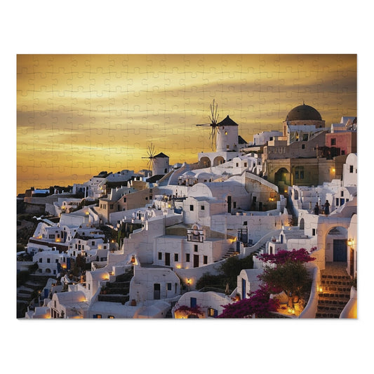 Santorini Sunset Village Jigsaw Puzzle 🌅 Whitewashed Homes, Windmills & Golden Aegean Evening