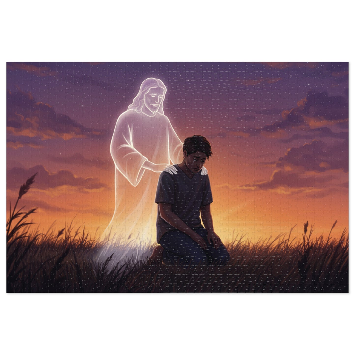 110, 252, 500, 1000 Spiritual Reflection Jigsaw Puzzle with Tin, Sunset Prayer and Heavenly Light Design, Kneeling Figure, Angelic Presence Jigsaw puzzle