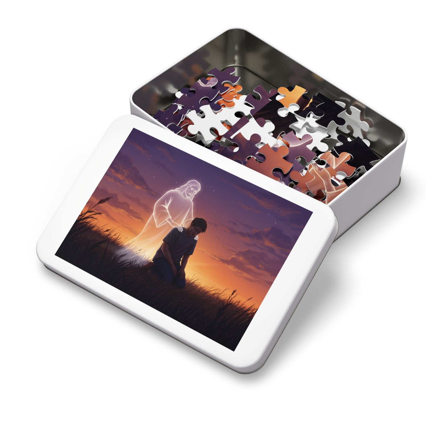 110, 252, 500, 1000 Spiritual Reflection Jigsaw Puzzle with Tin, Sunset Prayer and Heavenly Light Design, Kneeling Figure, Angelic Presence Jigsaw puzzle