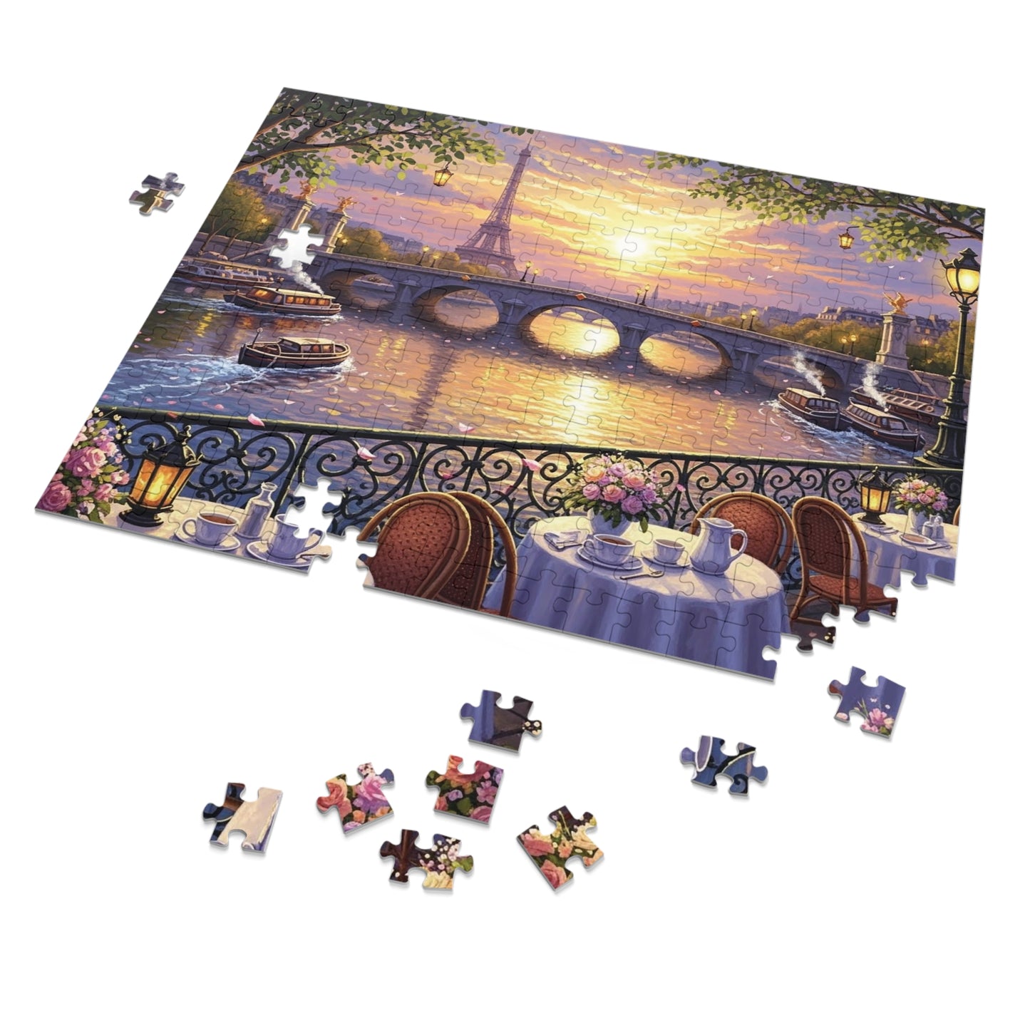 Eiffel Tower Sunset Over the Seine Puzzle | Paris Café Terrace Artwork