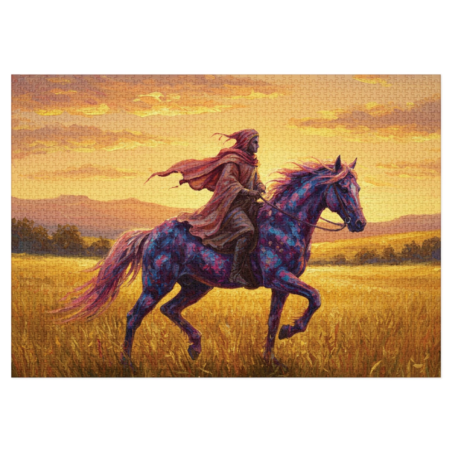 110, 252, 500, 1000, 2000 Jigsaw Puzzle, Mystical Rider Jigsaw Puzzle, Cloaked Rider on Colorful Horse, Epic Sunset Adventure, Premium Puzzle Gift,  Hero on Horse, Golden Field, Fantasy Theme, Vibrant Fantasy Sunset Art