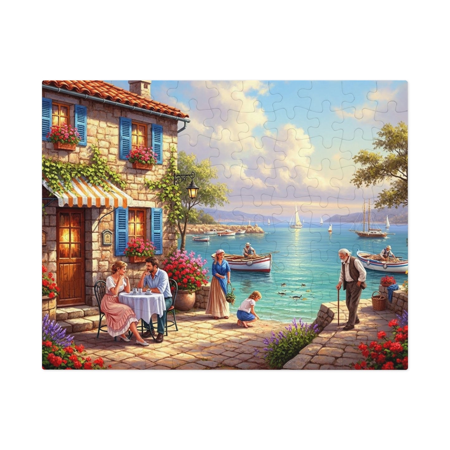 Mediterranean Seaside Café Puzzle | Charming Coastal Village, Sailboats, Flowers & Sunset Life