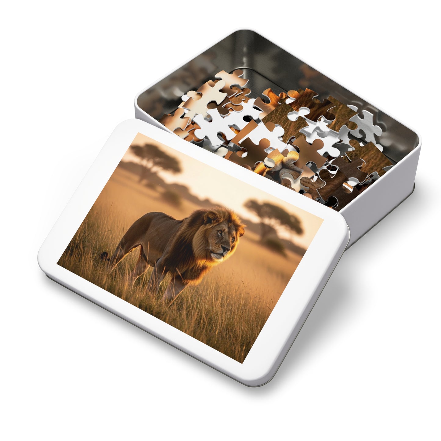 Lion in Golden Savanna Jigsaw Puzzle (with Tin)