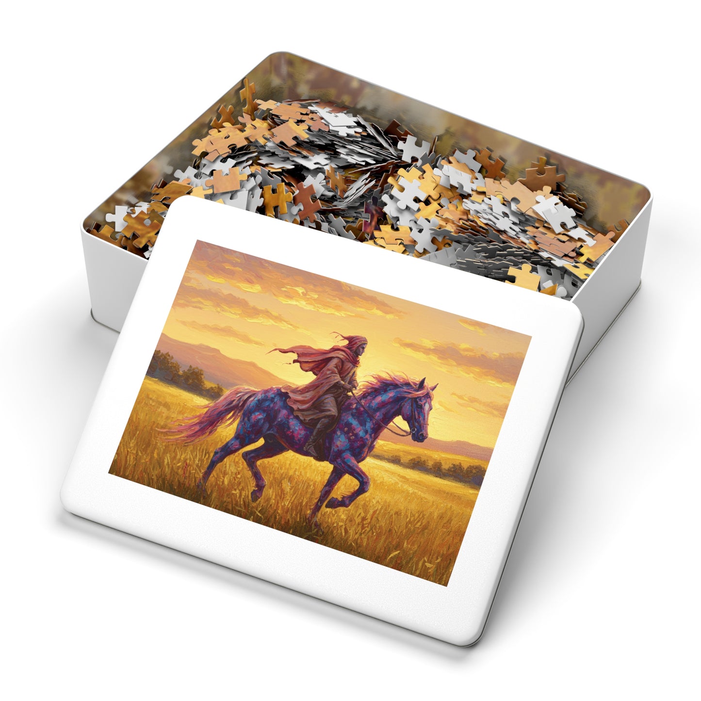 110, 252, 500, 1000, 2000 Jigsaw Puzzle, Mystical Rider Jigsaw Puzzle, Cloaked Rider on Colorful Horse, Epic Sunset Adventure, Premium Puzzle Gift,  Hero on Horse, Golden Field, Fantasy Theme, Vibrant Fantasy Sunset Art