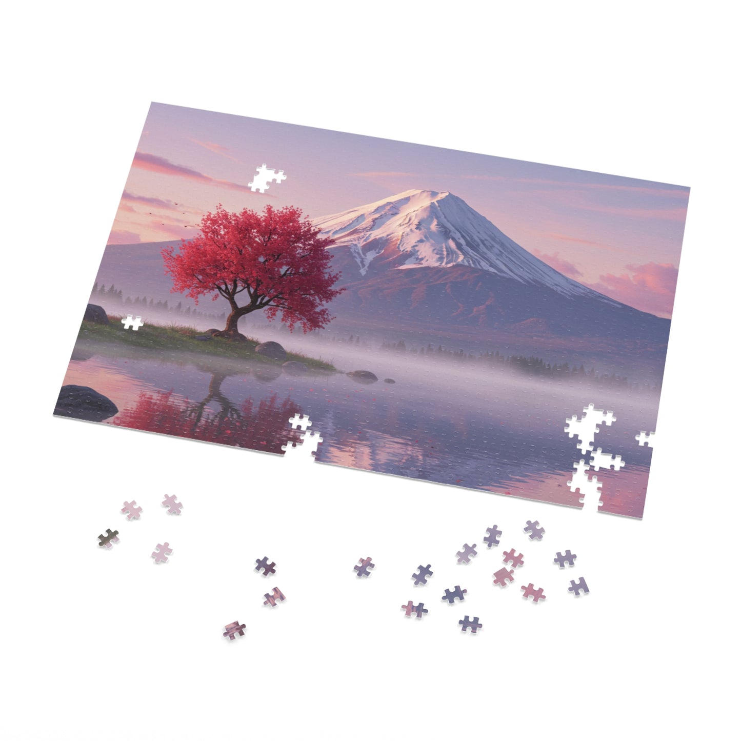 110, 252, 500, 1000, 2000 Cherry Blossom Tree by Mt. Fuji, Sakura Tree & Snowy Mountain Puzzle, Peaceful Pink Tree & Misty Lake Puzzle, Mount Fuji at Sunrise Puzzle, Calm Mountain Morning Puzzle
