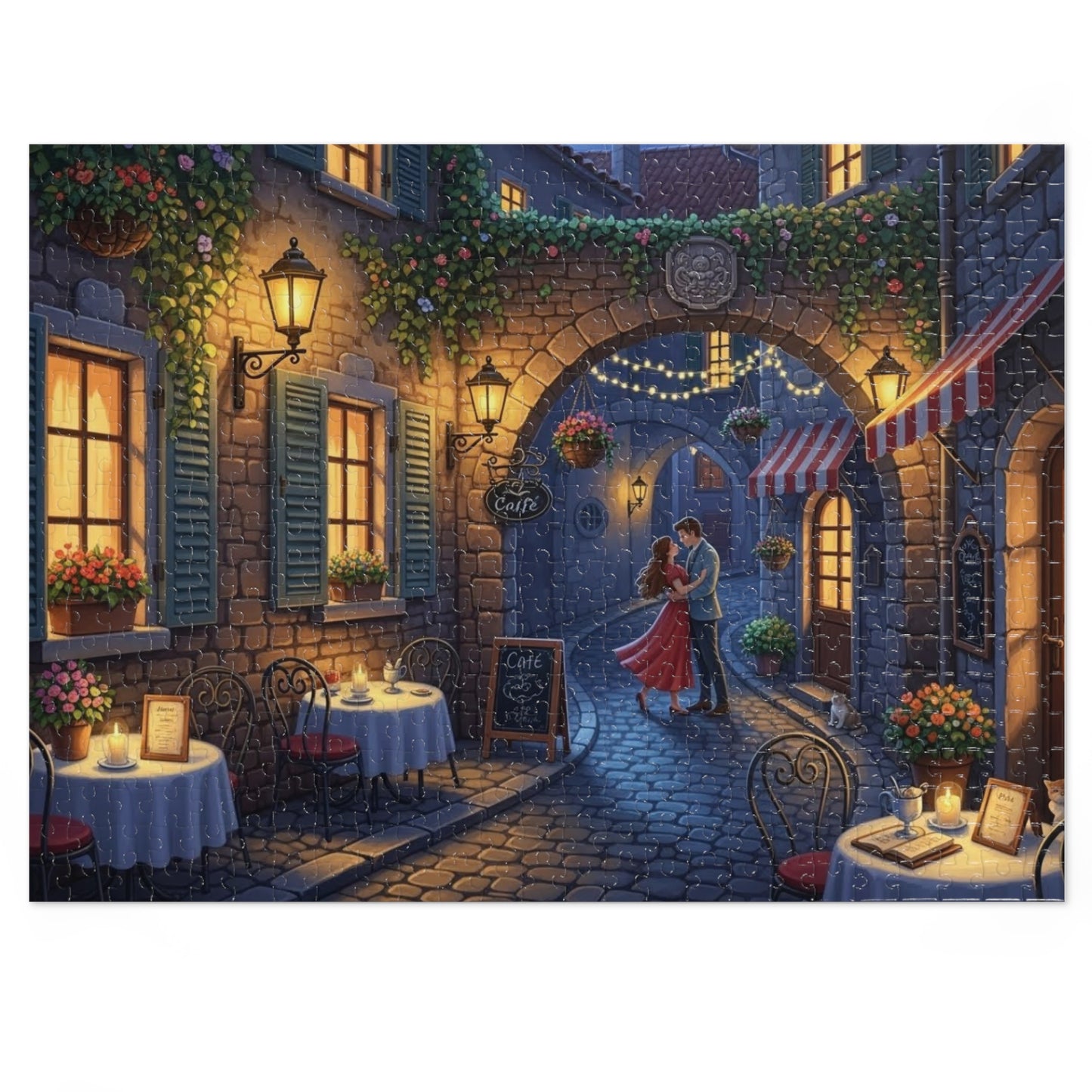 Romantic Café Alley Jigsaw Puzzle | Cozy European Evening Scene