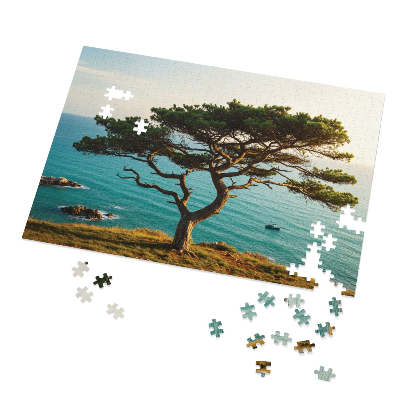 Coastal Tree & Ocean View Jigsaw Puzzle (110, 252, 500, 1000, 2000 pcs) – Serene Cliffside Scene in Gift Tin