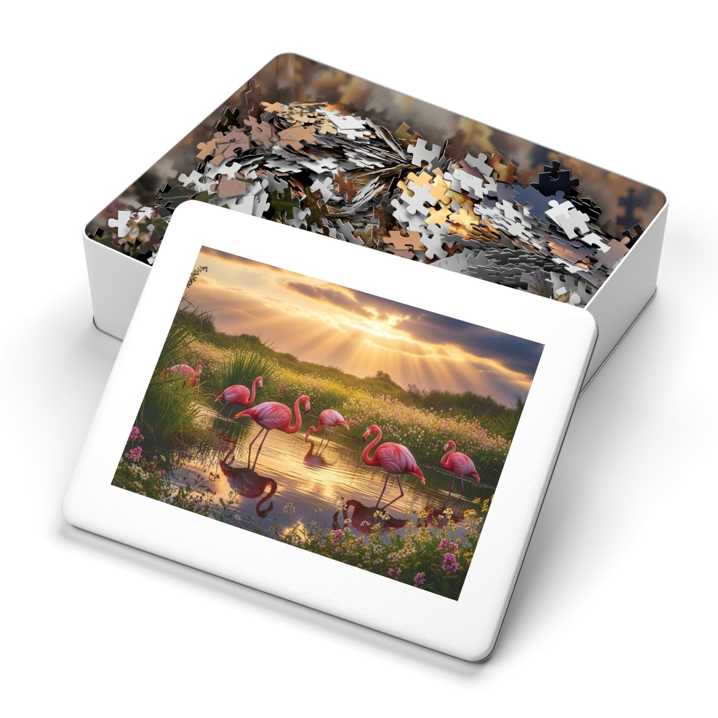 Flamingo Sunset Paradise Jigsaw Puzzle | Serene Nature Wildlife Scene at Golden Hour