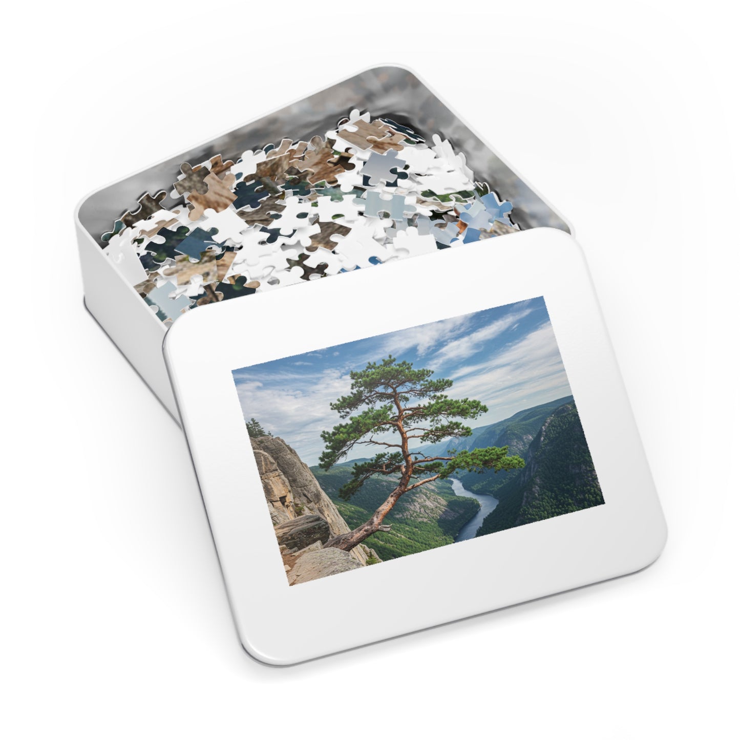Cliffside Tree Jigsaw Puzzle (110, 252, 500, 1000, 2000 pcs) – Peaceful Nature, Mountain & River Design, Serene Forest Scene
