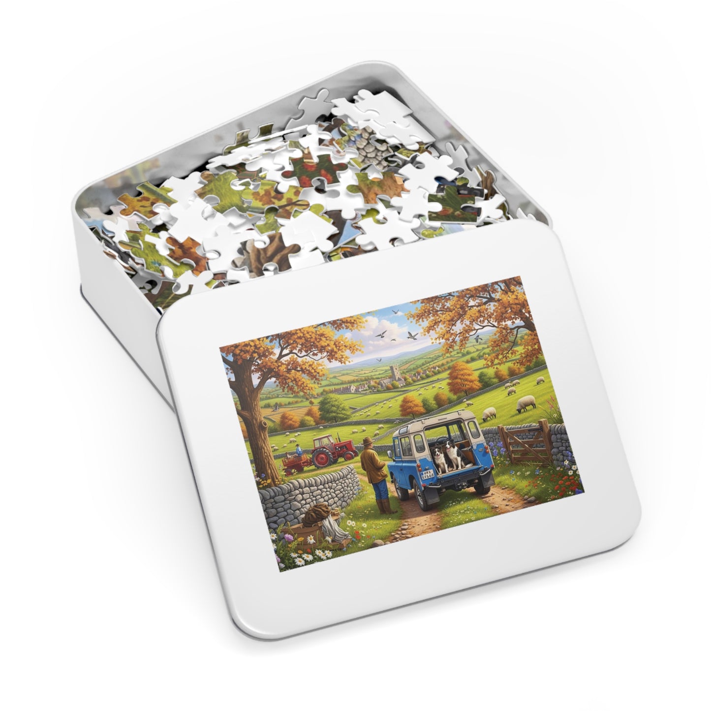 Autumn Countryside Farm Jigsaw Puzzle with Dogs, Tractor & Village