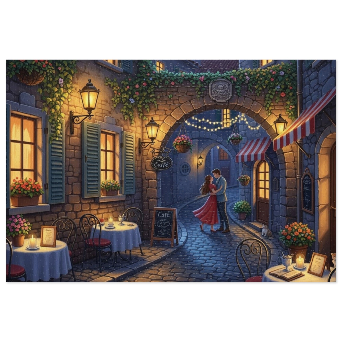 Romantic Café Alley Jigsaw Puzzle | Cozy European Evening Scene