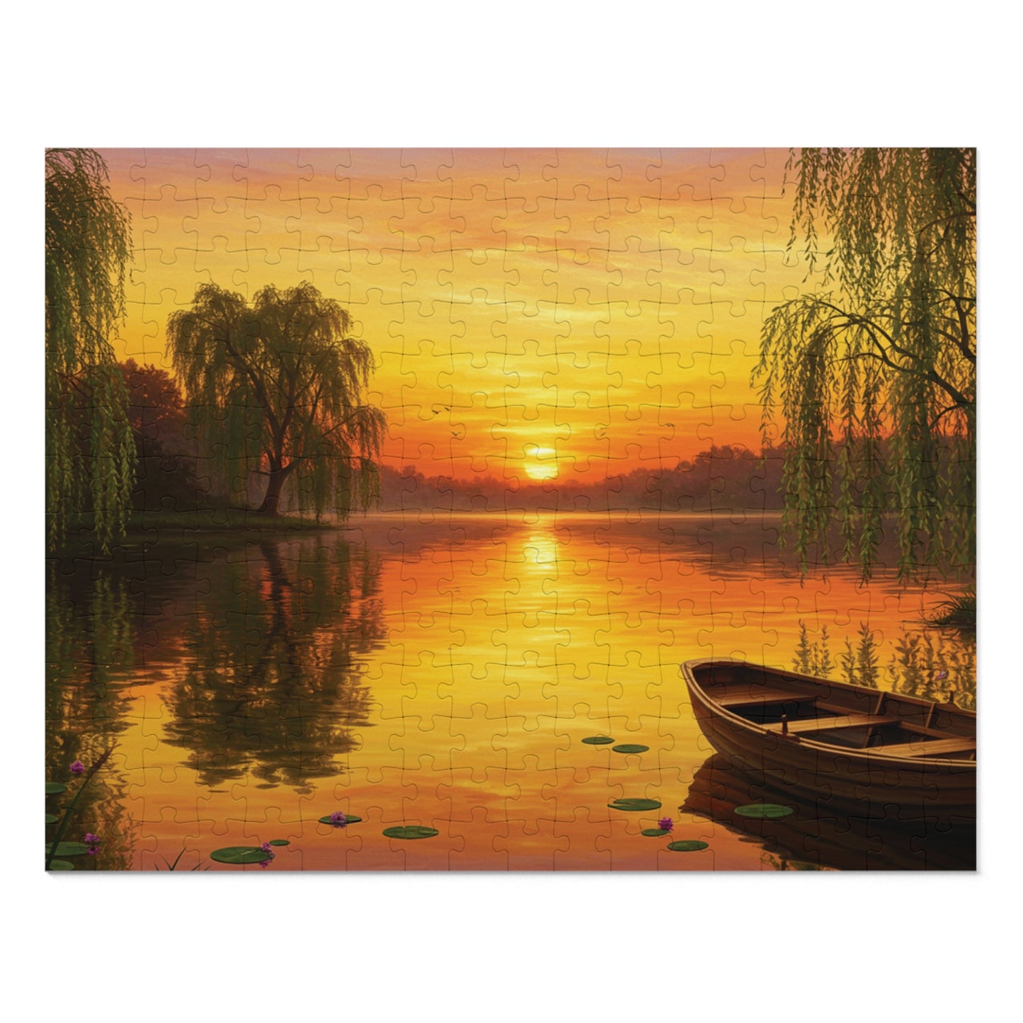 110, 252, 500, 1000, 2000 Golden Sunset Rowboat Puzzle, Sunset Over Still Waters, Boat at Dusk Puzzle, Tranquil Willow Tree Sunset, Golden Hour Reflection Puzzle, Sunset Reflection on Lake Puzzle, Rowboat on Calm Waters Puzzle