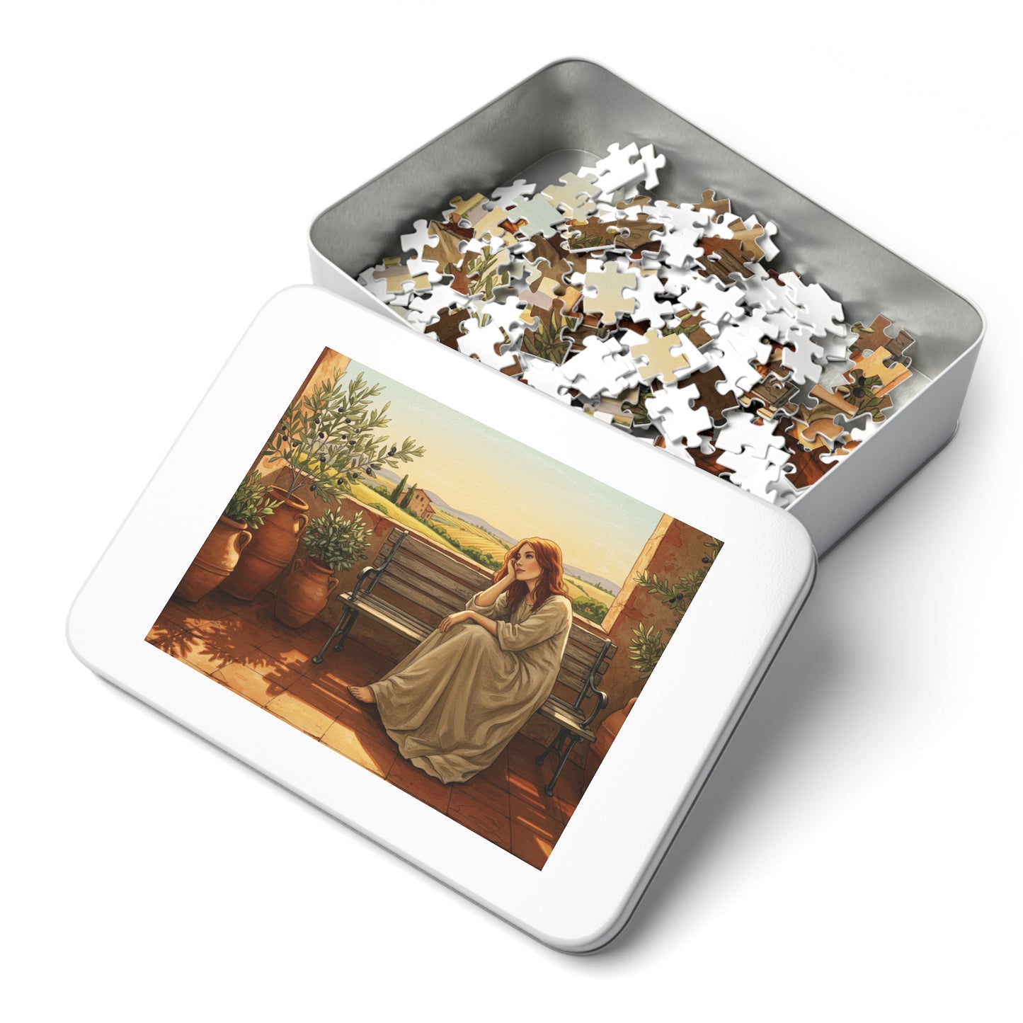 110, 252, 500, 1000, 2000 pcs Rustic Countryside Jigsaw Puzzle, Woman on Bench with Olive Trees, Mediterranean Landscape Puzzle