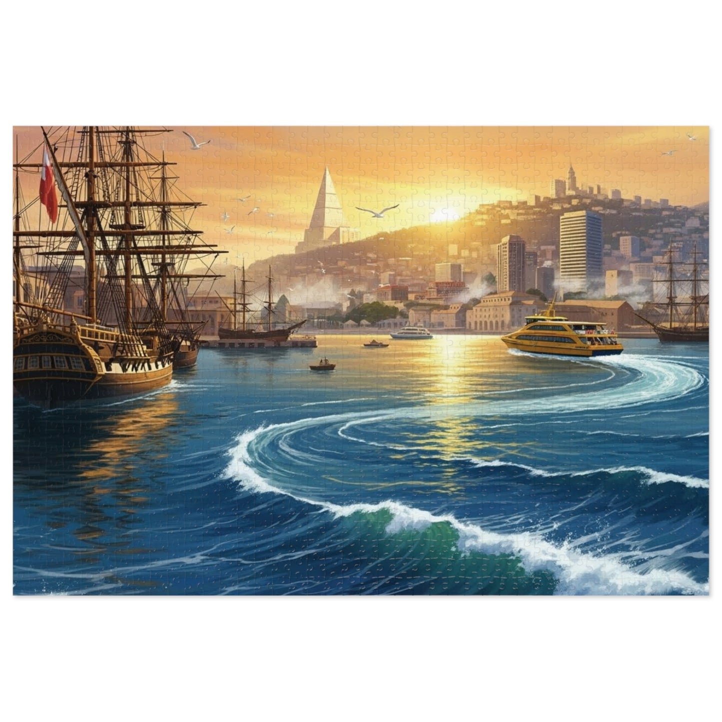 Sunset Harbor Jigsaw Puzzle |  Coastal City Sailing