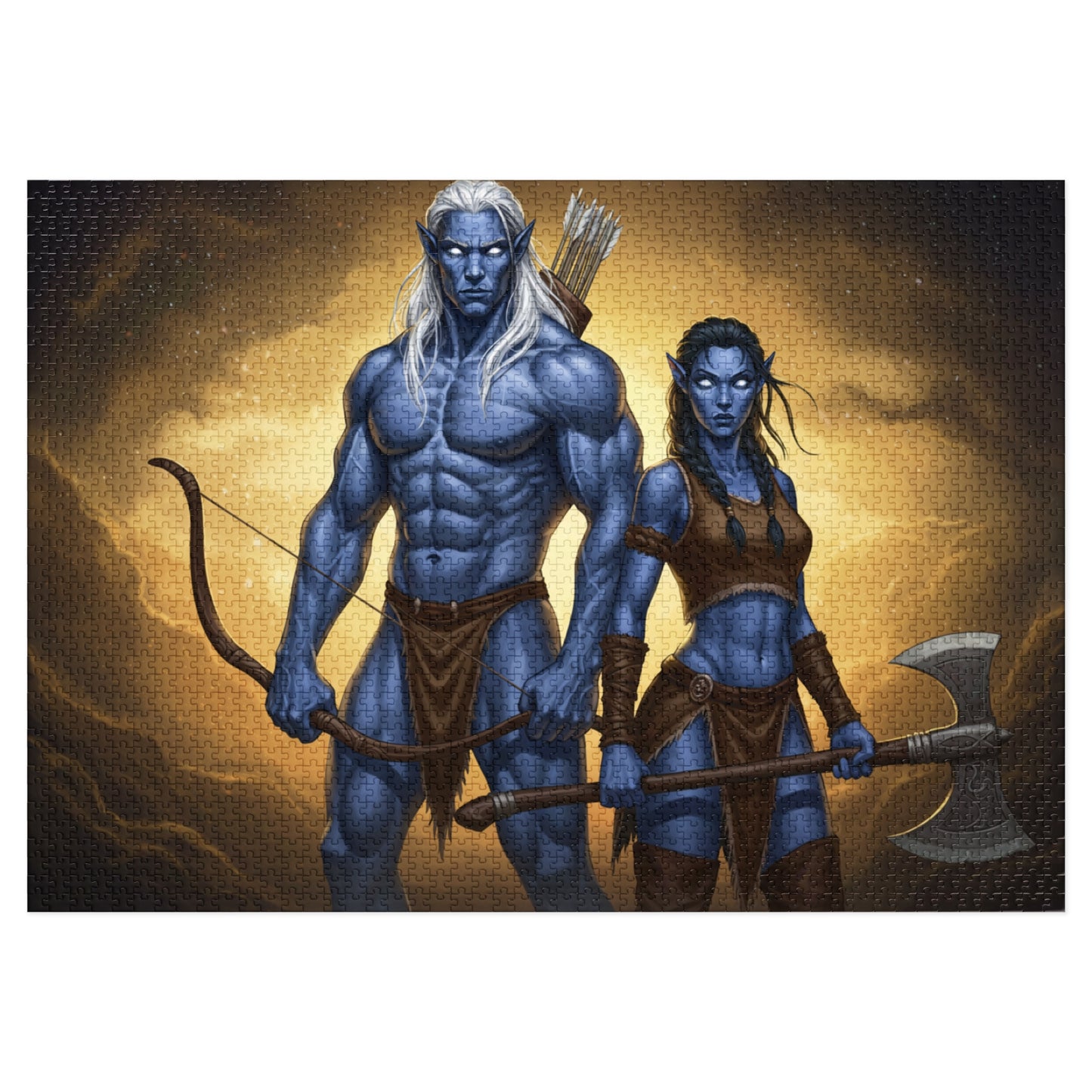 110, 252, 500, 1000, 2000 Blue-Skinned Heroes with Weapons Jigsaw Puzzle, Mythical Battle Duo Puzzle, Legendary Warriors Jigsaw, Heroic Fantasy Fighters Jigsaw