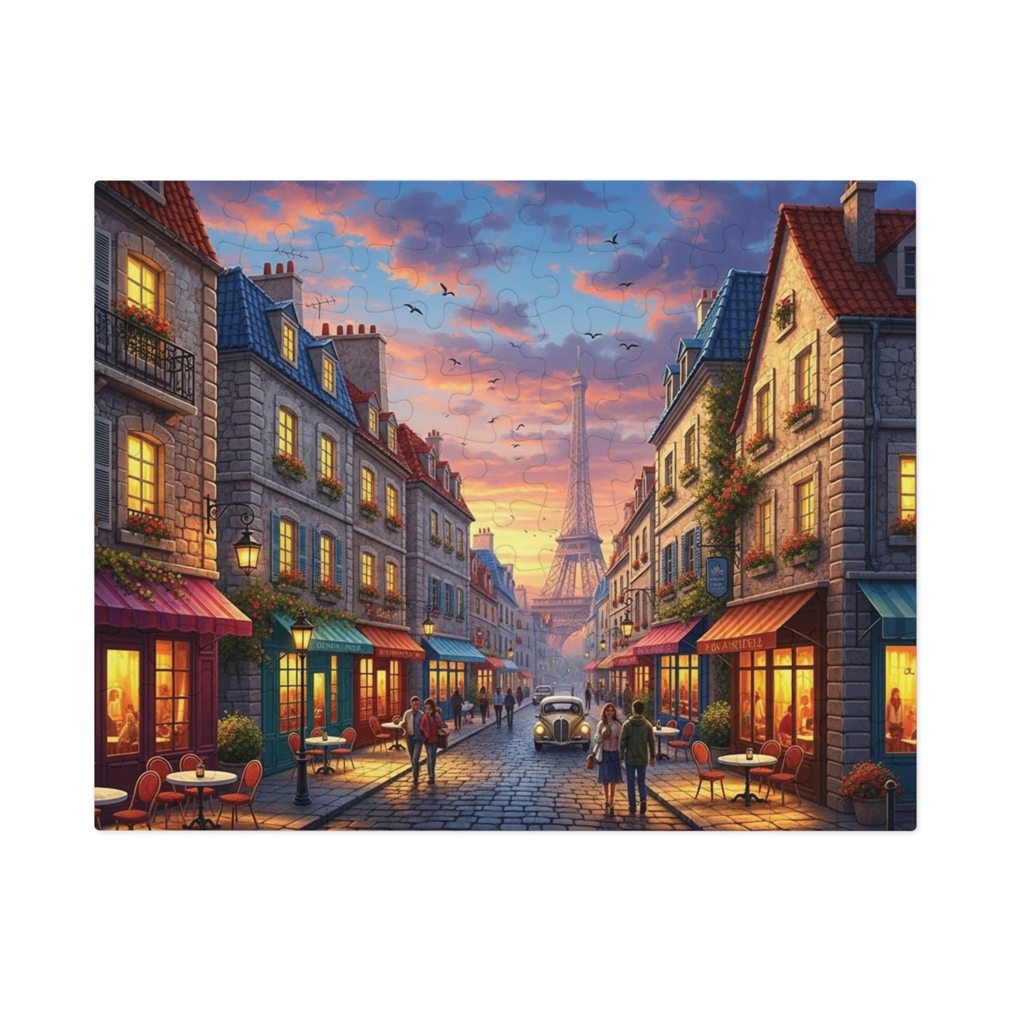Paris Sunset Café Street Jigsaw Puzzle with Eiffel Tower