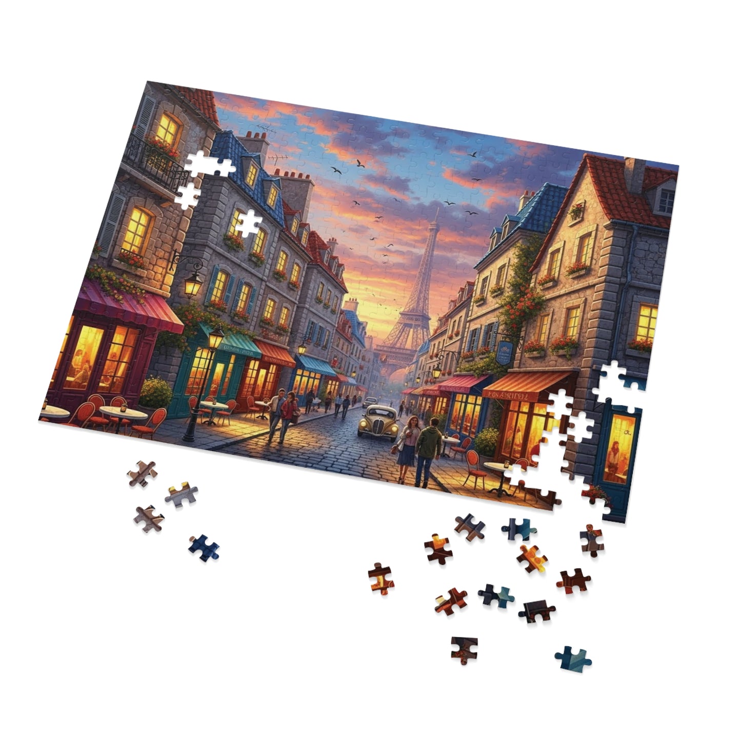 Paris Sunset Café Street Jigsaw Puzzle with Eiffel Tower