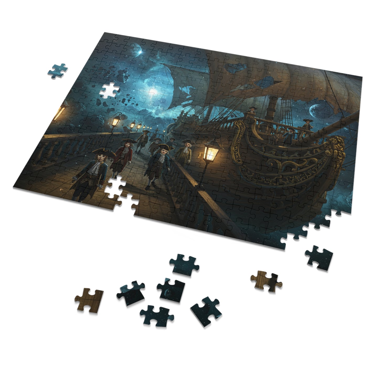 Fantasy Night Ship Jigsaw Puzzle Moonlit Sky and Lantern Deck Scene