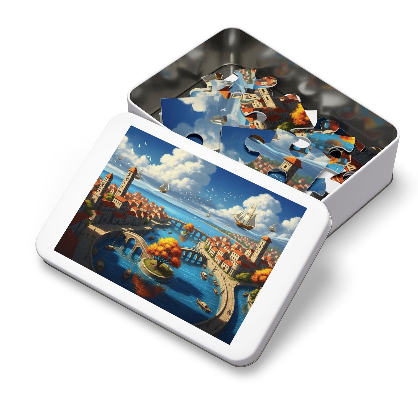 Floating Ships Over the Canal City, Coastal Town, Sailing Ships & Bridge Jigsaw Puzzle ✨