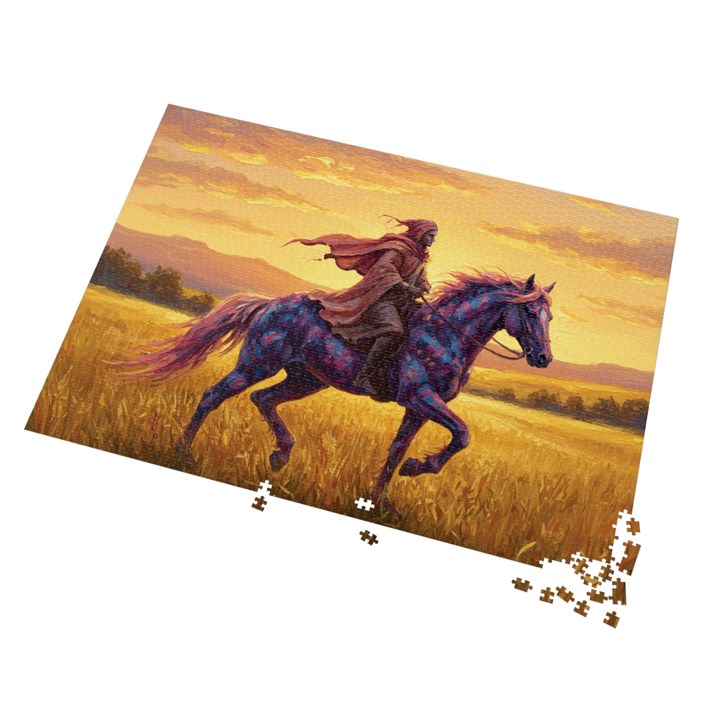 110, 252, 500, 1000, 2000 Jigsaw Puzzle, Mystical Rider Jigsaw Puzzle, Cloaked Rider on Colorful Horse, Epic Sunset Adventure, Premium Puzzle Gift,  Hero on Horse, Golden Field, Fantasy Theme, Vibrant Fantasy Sunset Art