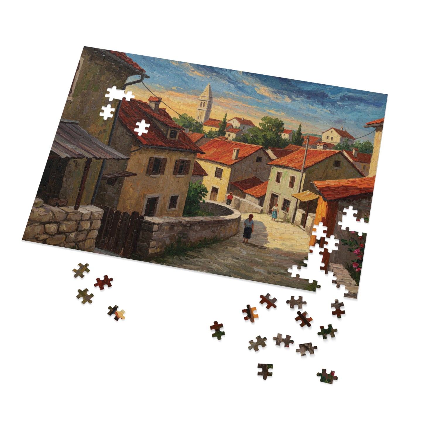 110, 252, 500, 1000, 2000 Mediterranean Village Jigsaw Puzzle Jigsaw Puzzle, Rustic European Village, Old World Architecture and Warm Colors